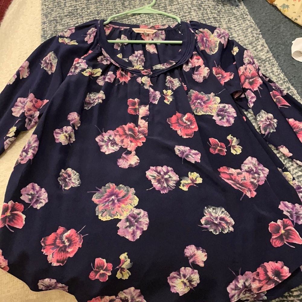 Rebecca Taylor Navy Floral Blouse with Pink & Purple Flowers